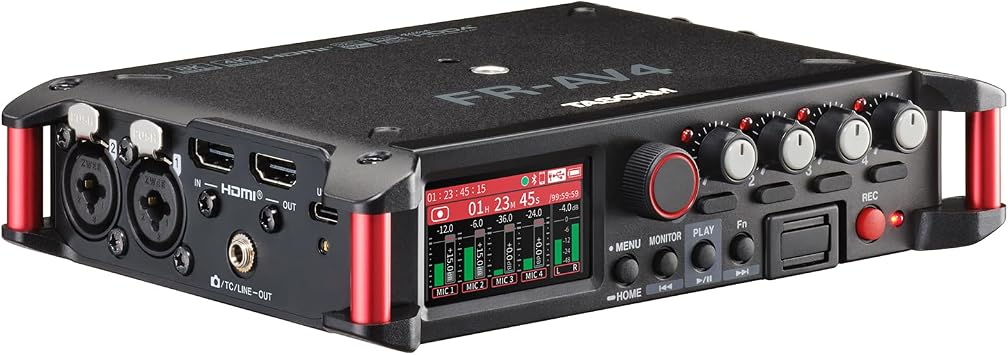 TASCAM FR-AV4 4-Channel 32-Bit Float Field Recorder with Mixer for Camera Rigs, 4 XLR/TRS Inputs, Timecode Generator, HDMI Sync, 192kHz, USB-C Audio Interface