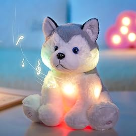 Houwsbaby 12\'\' Gray Light Up Musical Stuffed Animal Husky Singing LED Dog Glowing Plush Toy Lullaby Animated Soothe Birthday Festival Present for Kids Toddler Girls