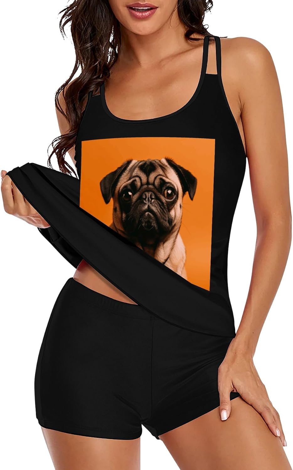 A Pug Tankini Swimsuits for Women Tummy Control Two Piece Bathing Suits Swim Tops with Boy Shorts