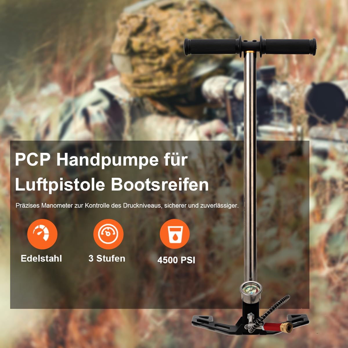 PCP Handpumpe, Hochdruckluftpumpe,3 Stufen 4500 psi Luftgewehrpumpe,PCP Handluftpumpe mit Manometer für Luftpistole Bootsreifen Kajaks Autoreifen Motorrädern