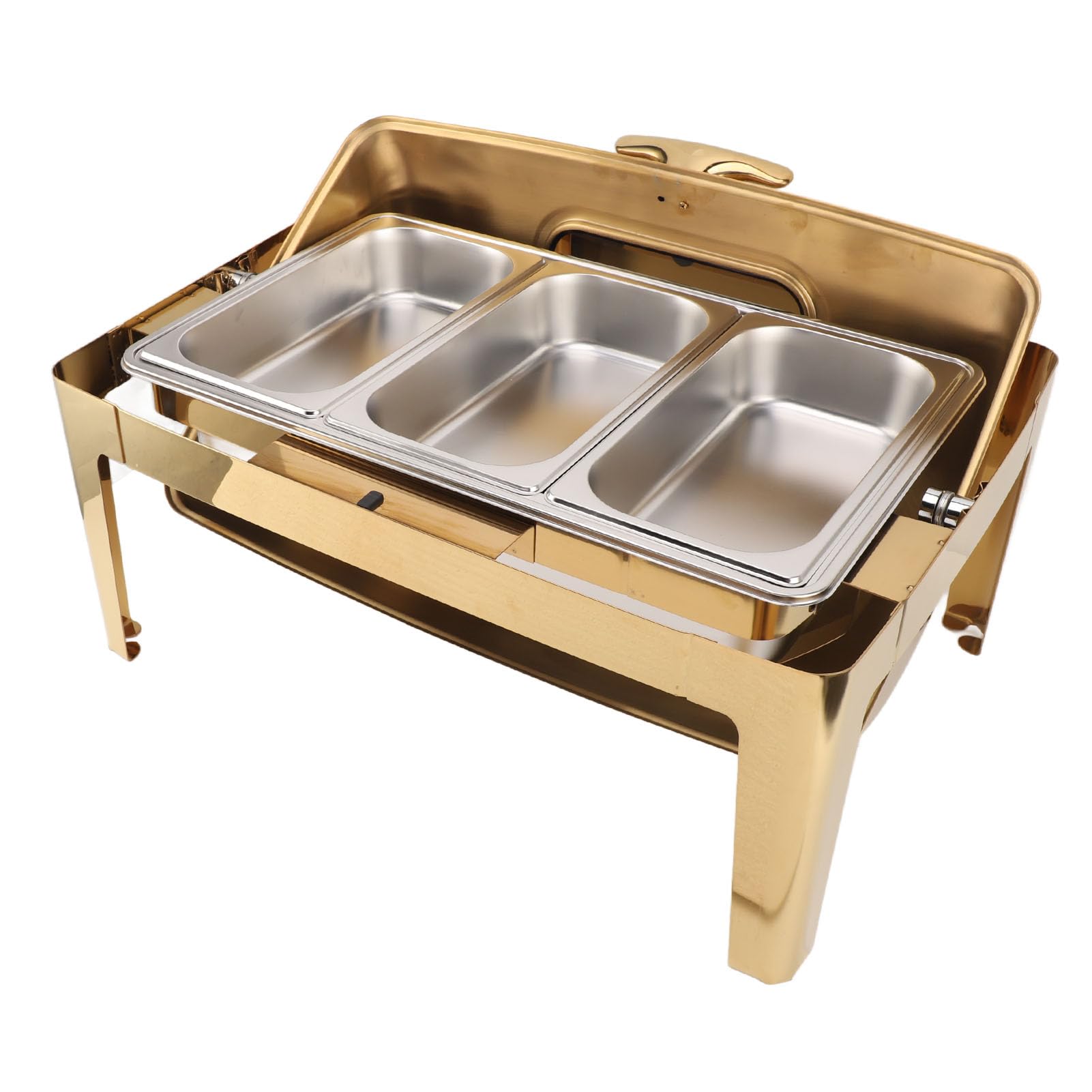 Chafing Dish - para buffet de acero inoxidable, 9 L, buffet, hostelería, calentador de alimentos, tapa de cristal transparente, calentador de alcohol, rectangular (3 compartimentos #16)