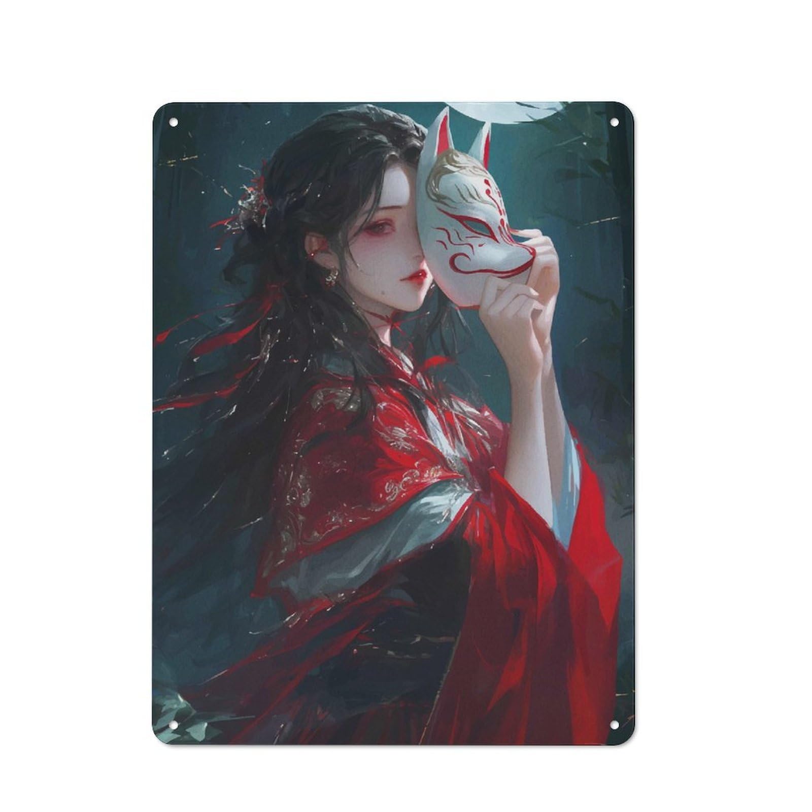 Junmoney Style-19 Shed Style Decorative Metal Plaque 40X30cm Featuring Kitsune Mask Woman, Porch Wall Decor For Patio Bar, Workshop, Shed Or Kitchen