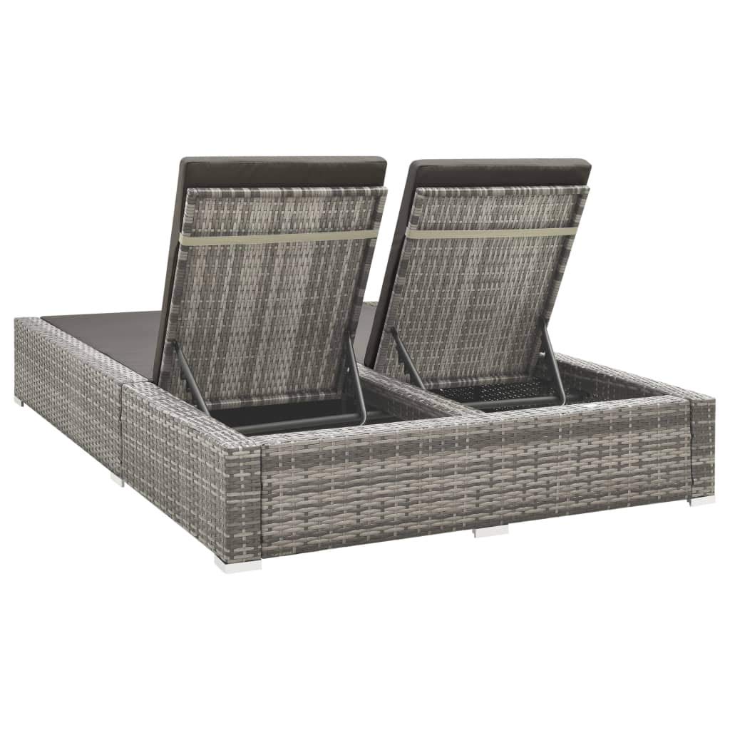 Lit double en polyrotin, gris, de jardin, de loisirs, convient pour jardin, terrasse, cour, côté piscine