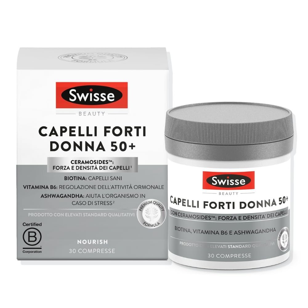 SWISSE Capelli Forti Donna 50+ - Integratore per Capelli Donna con Biotina Ceramosides Vitamina B6-​30 Compresse, Pre-​Menopausa e Menopausa Integratori Regolazione Attività Ormonale - Made in Italy
