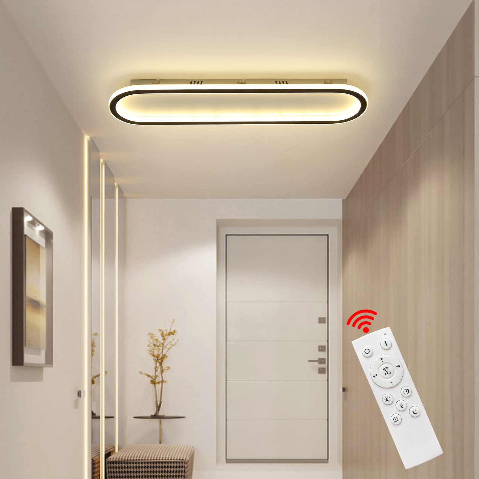 23.6” Flush Mount Ceiling Light, Modern LED Hallway Light Fixture Dimmable Ceiling Lamp with Remote Control, Black Ceiling Lights for Bedroom/Balcony/Dressing Room, 3000k-6000k, 40-60W