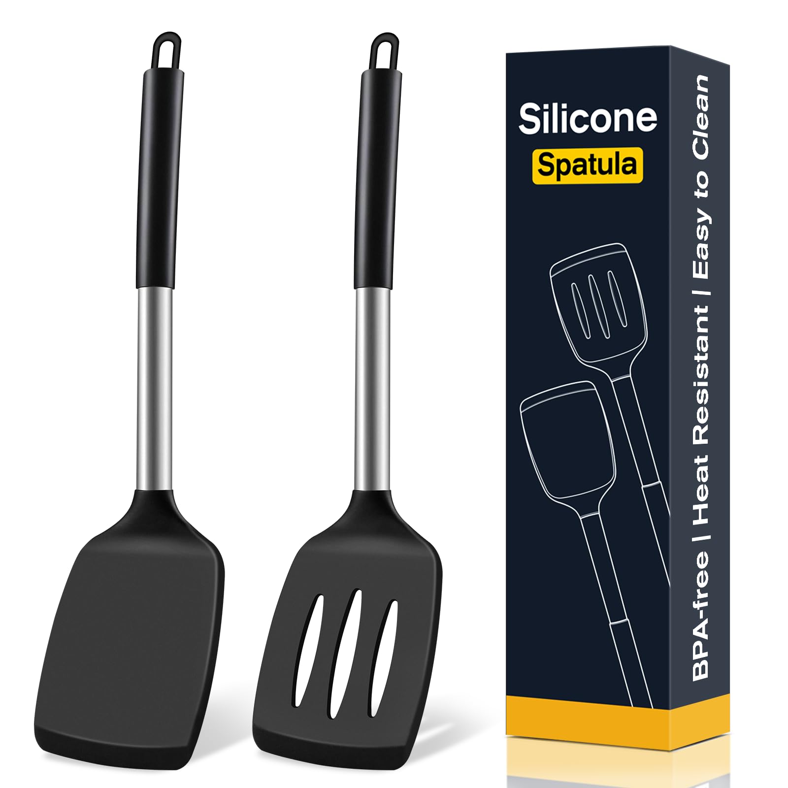 Photo 1 of 2 Pack Silicone Spatula Set, Solid & Slotted Turner for Non-Stick Pans, High Heat Resistant Silicone Spatula for Cooking, BPA-Free Stainless Steel Cooking Utensils for Fish, Eggs, Pancakes, Black