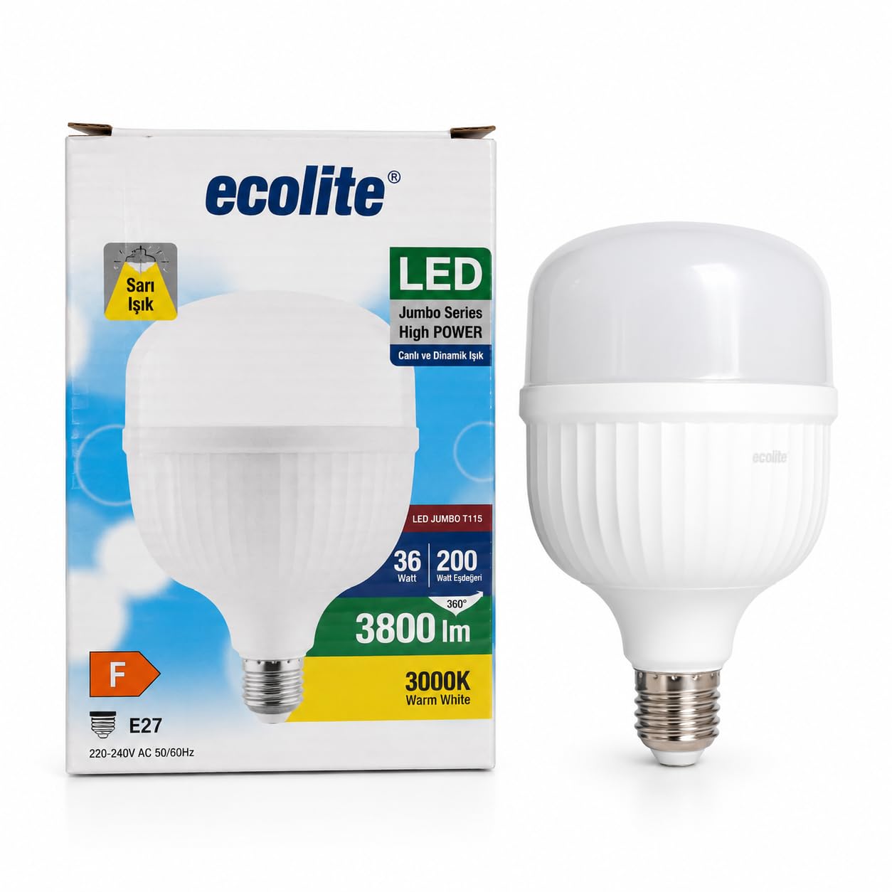Ecolite 36W LED Ampul – 200W Eşdeğeri | E27 Duy, 3000K Sarı Işık, 3800 Lümen | Enerji Tasarruflu Jumbo LED Ampul | AC 220V, 166x115mm
