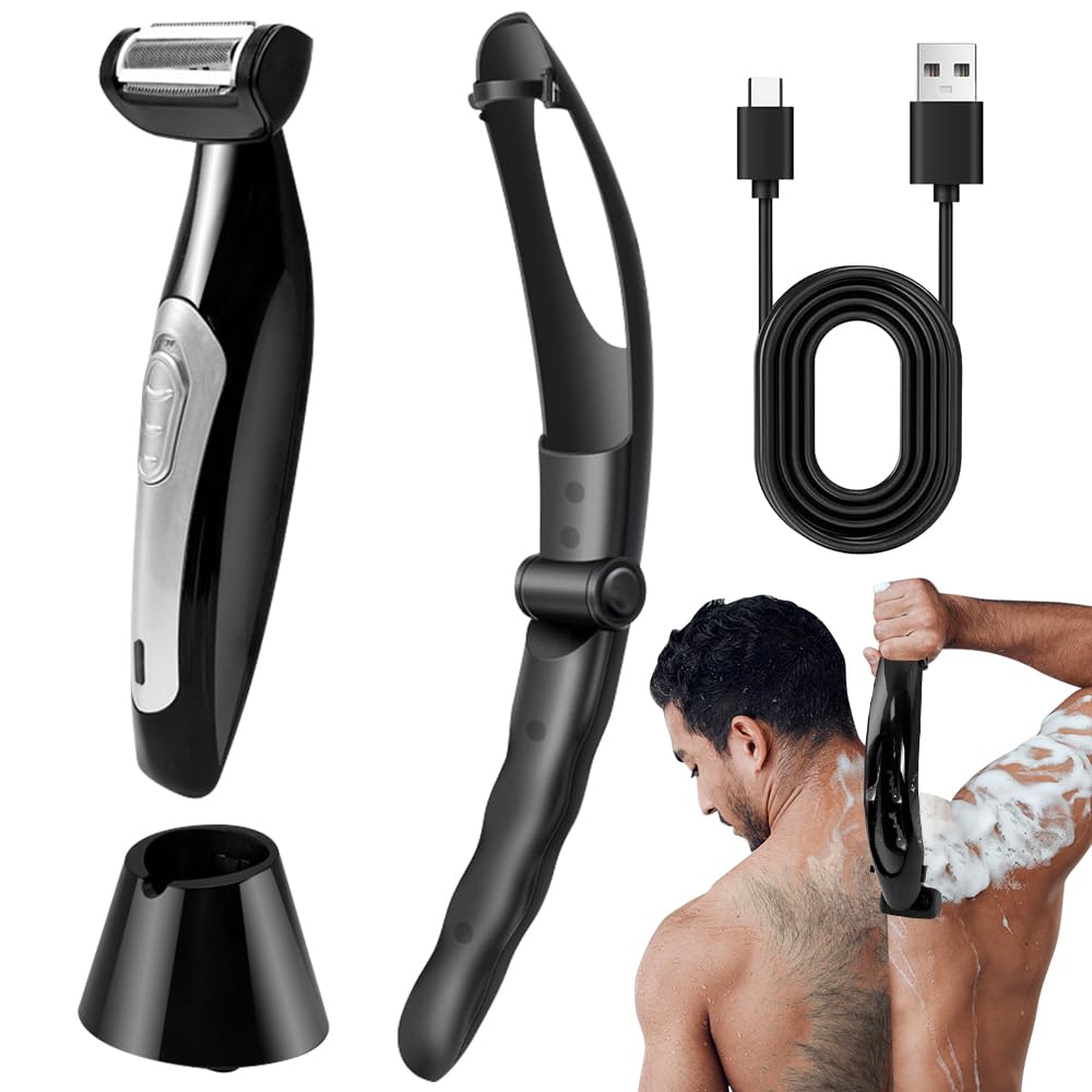Afeitadora de Espalda para Hombre, HOVCEH Multifuncional Afeitadora Corporal Masculina con Mango Desmontable, Húmedo y seco depiladora corporal Eléctrica,Ergonómica Body Shaver para Cara, Brazo