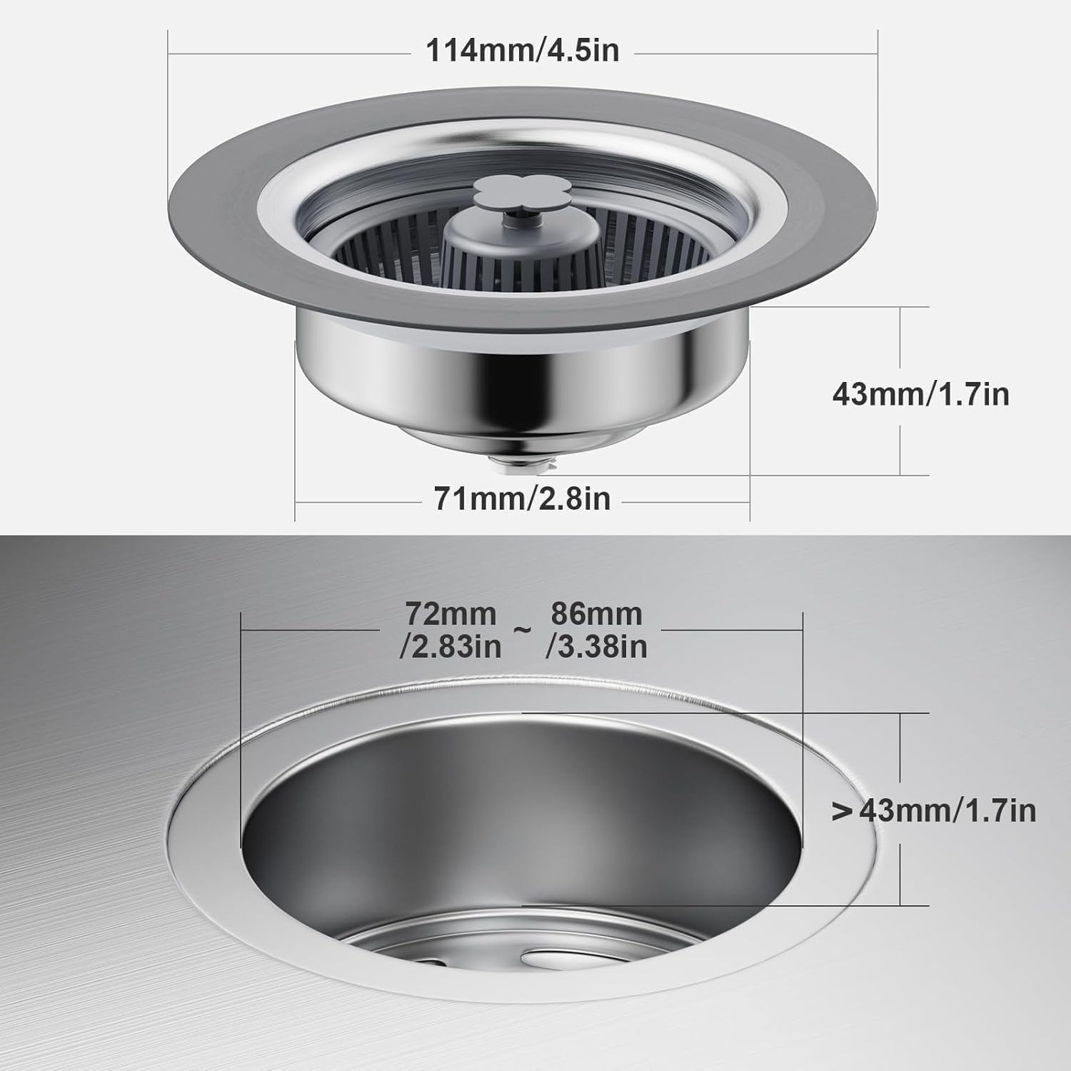 3 in 1 Kitchen Sink Drain Strainer and Stopper, 304 Stainless Steel Pop-up Anti-Clogging Basket Strainer, Fast Drainage Kitchen Sink Plug for Standard 3-1/2" Drain Hole