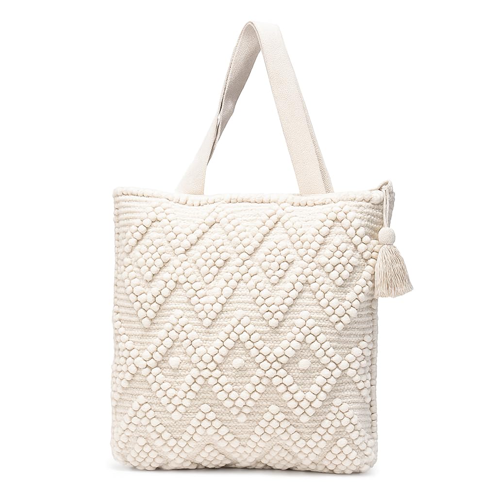 Cotton Boho Tote Bag with Pom-Pom Weave and Tassel, Large 40x35 cm, Beige White, Handmade Shoulder Bag