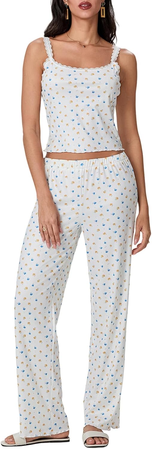 SOLILOQUY Women 2 Piece Pajama Set Sleeveless Lace Patchwork Cami Crop Top and Pants Y2K Floral Print Lounge Sleepwear PJ Set