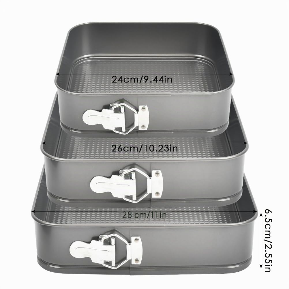 TIMESETL Moule à Gâteau Carré Ø 24/26/28 cm Moule à Charnière 3 en 1 Moule à Pâtisserie Carré Réglable avec Levier de Serrage, Revêtement Antiadhésif Moules à Charnière en Acier au Carbone