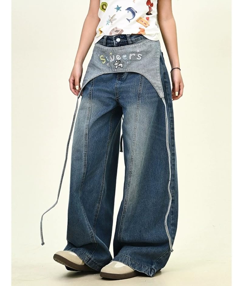 Y2k Kawaii Cartoon Letter Embroidery Tie Wrap Waist Jeans Hiphop Vintage Distressed Baggy Casual Wide Leg Denim Pants 5