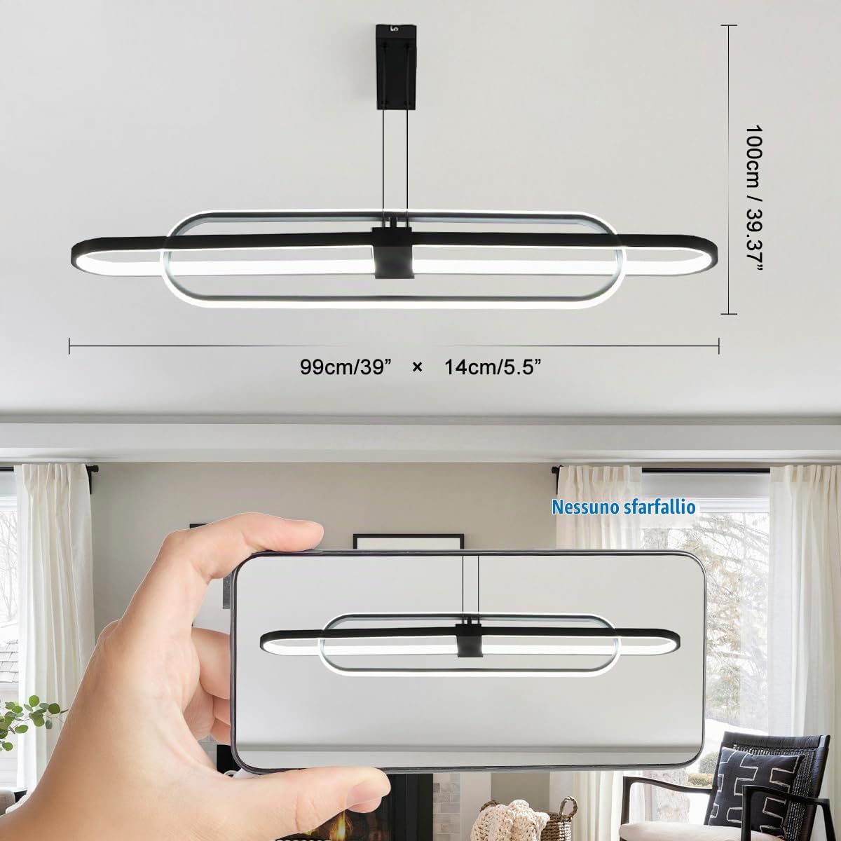Lampadario Ovale Moderno LED Lampade a Sospensione Dimmerabile Doppio Anello Design Isola Cucina Lampadari Soggiorno,Regolabile Lineare Soffitto Camera Letto Lampadario Plafoniera,Nero 99cm