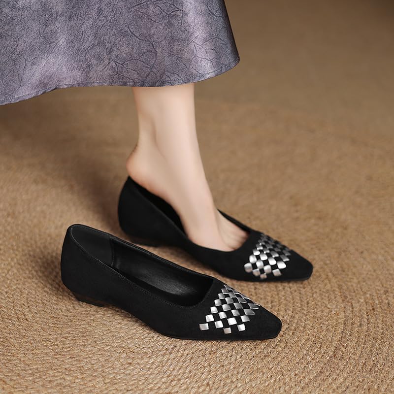 Women's Suede Braid Pointed Toe Shallow Mouth Flat Ballet Shoes Elegance Weave Low Heel Thick Cushion Comfortable Slip On Walking Shoes for Commuting Shopping Daily4