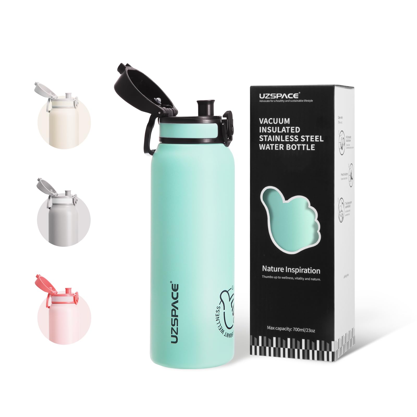UZSPACE Stainless Steel Water Bottle Kids 700ml with Handle - Double-Walled Insulated Water Bottles That Keep Drinks Cold & Hot - Leakproof Metal Bottle for School or Works & Sports Mint Green