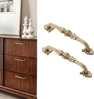 2 Pack Antique Brass Cabinet Handles 5 inch French Provincial Drawer Pulls Vintage Cabinet Hardware Floral Drawer Pull Solid Brass Antique Gold Handles for Dresser- Gold with Red