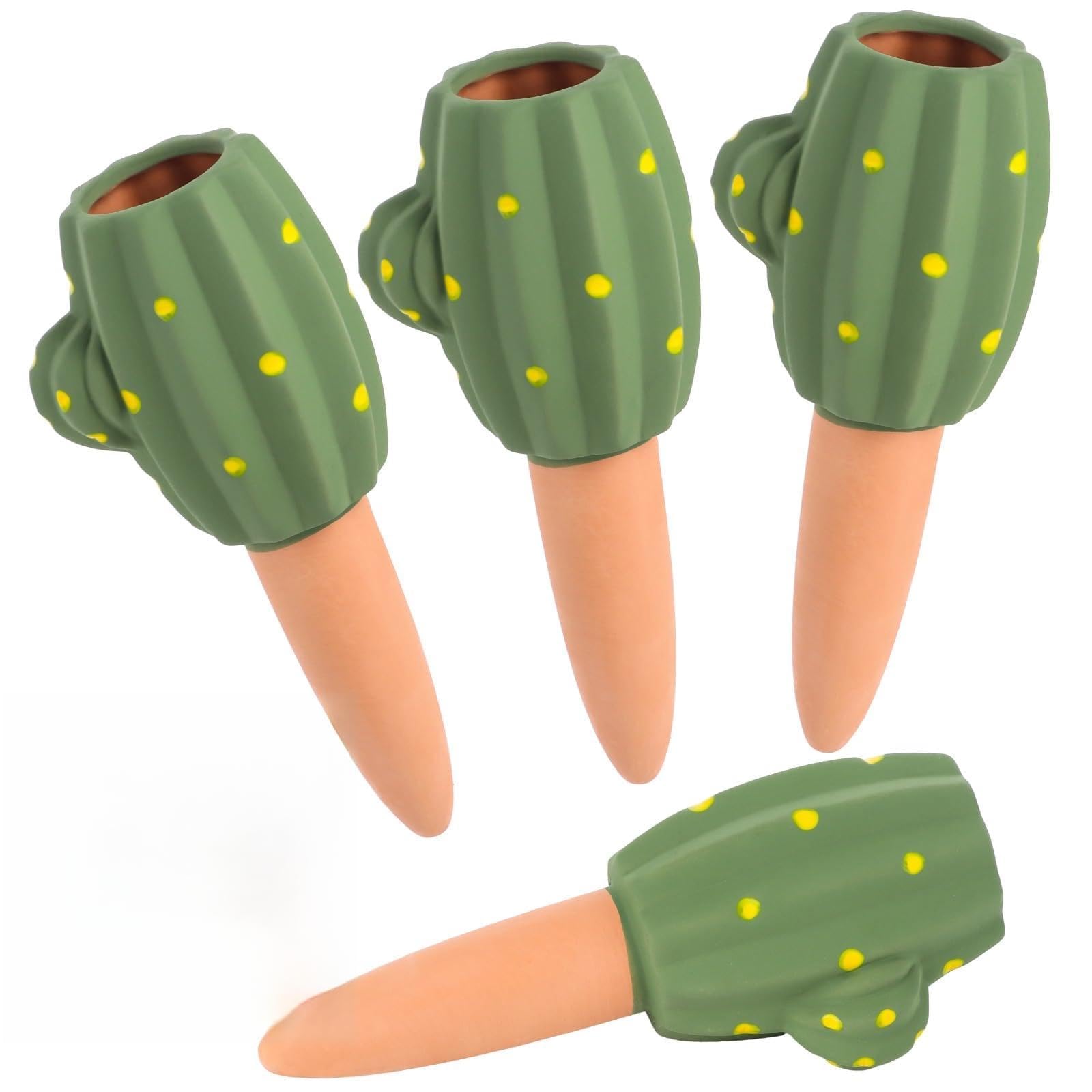 Lot de 4 piquets d’arrosage en Terre Cuite, Insert d’arrosage Automatique pour jardinière, Design Cactus en céramique, Diffusion Lente de l’Eau, pour Plantes d’intérieur et d’extérieur