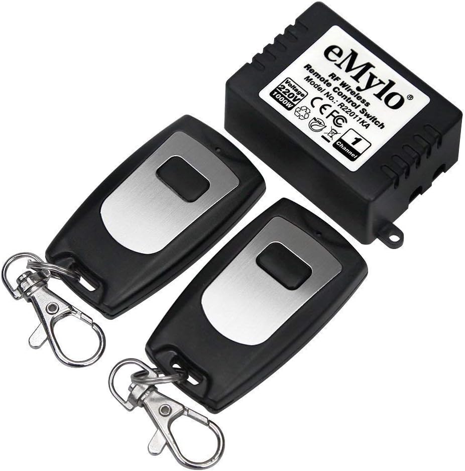 eMylo Smart Wireless RF Remote Control Switch AC 220V Relay Module 1000W 1 Channel RF Motor Remote Control Switch, 2 Transmitters with one Receiver