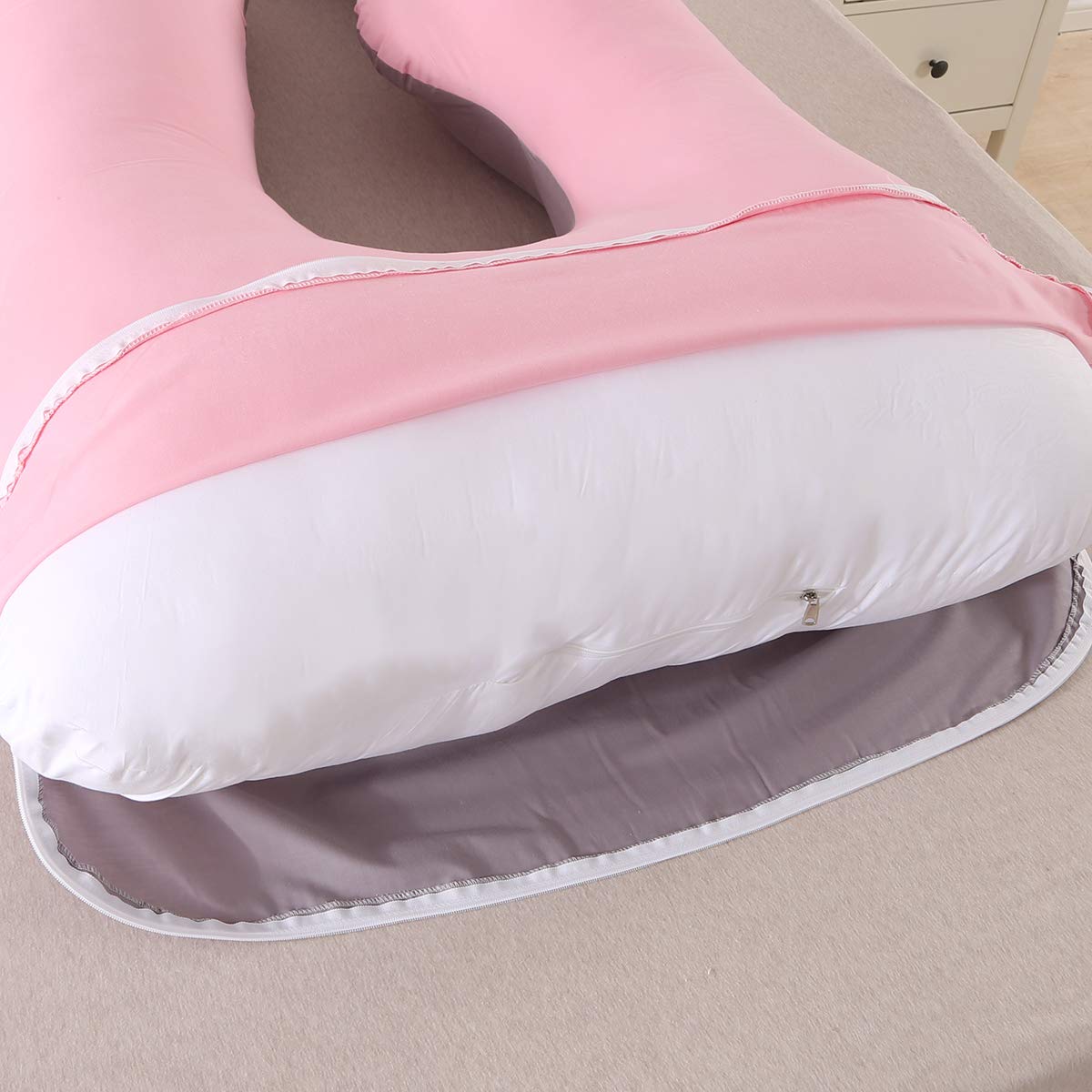 SHANNA Cuscino gravidanza per dormire, Cuscino allattamento e gravidanza, grande a forma di U e supporto premaman con rivestimento in cotone sostituibile e lavabile (Grigio+Rosa)