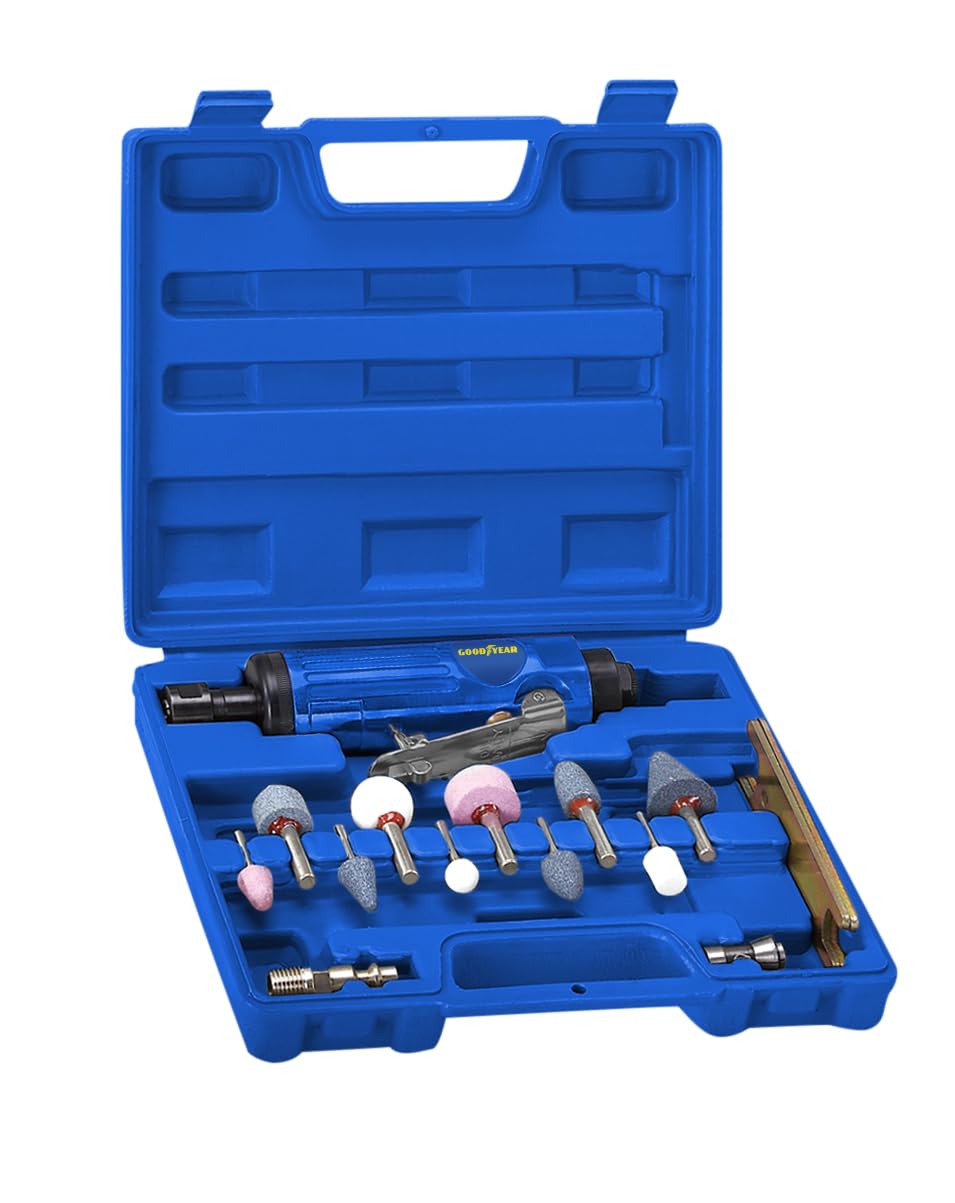 Goodyear - Smerigliatrice diritta pneumatica professionale 22000 rpm 1/4" e 1/8", lega di alluminio, kit con 10 pietre per affilare, 2 mandrini e accessori inclusi (Amoladora recta)