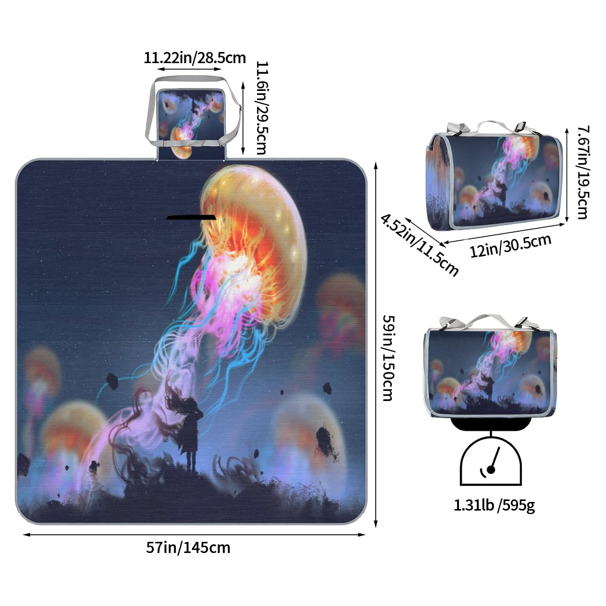 Shimoshe Picnic Blankets 57”x 59”, Jellyfish Galaxy Waterproof Sandproof Picnic Mat Lightweight Foldable Beach Blanket for Camping Park Grass Beach Outdoor Blanket