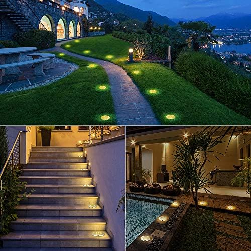 LYHOPE Solar Ground Lights Outdoor, 16 Pack 8 LED Solar Disk Lights Waterproof Garden In-ground Pathway Lights Landscape Lighting for Lawn,Yard,Deck,Patio,Walkway (Warm White) - 1