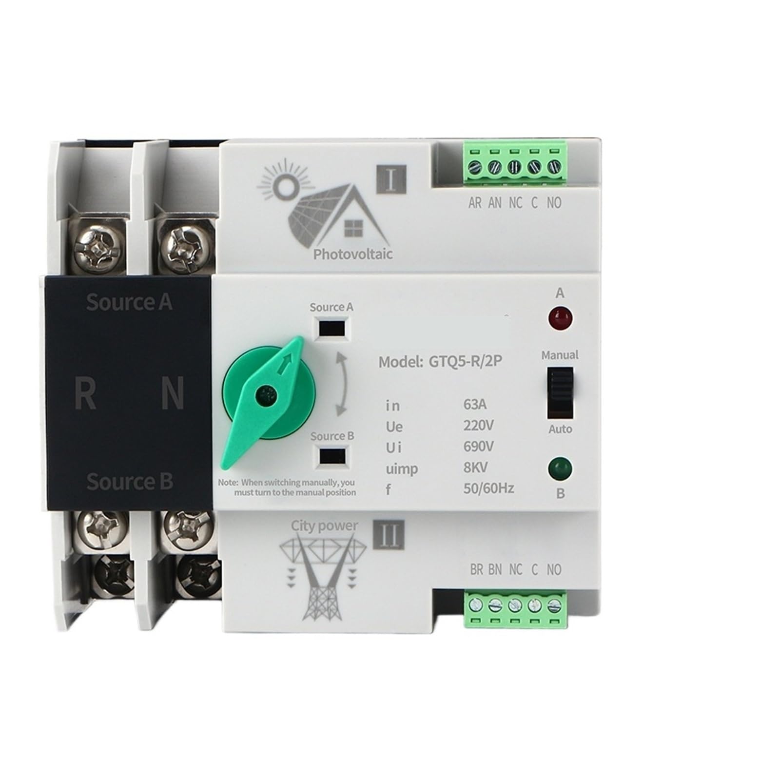 Commutatore di trasferimento automatico a doppia alimentazione Selettori AC 230V for inverter su binario 2P Ininterrotto 63A 100A 125A
