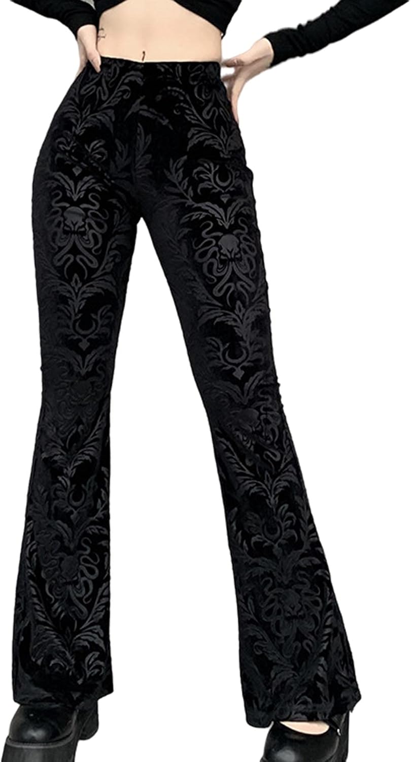 xxxiticat Women's Floral Printed Velvet Flare Pants High Waisted Casual Gothic Steampunk Bell Bottom Legging Trousers