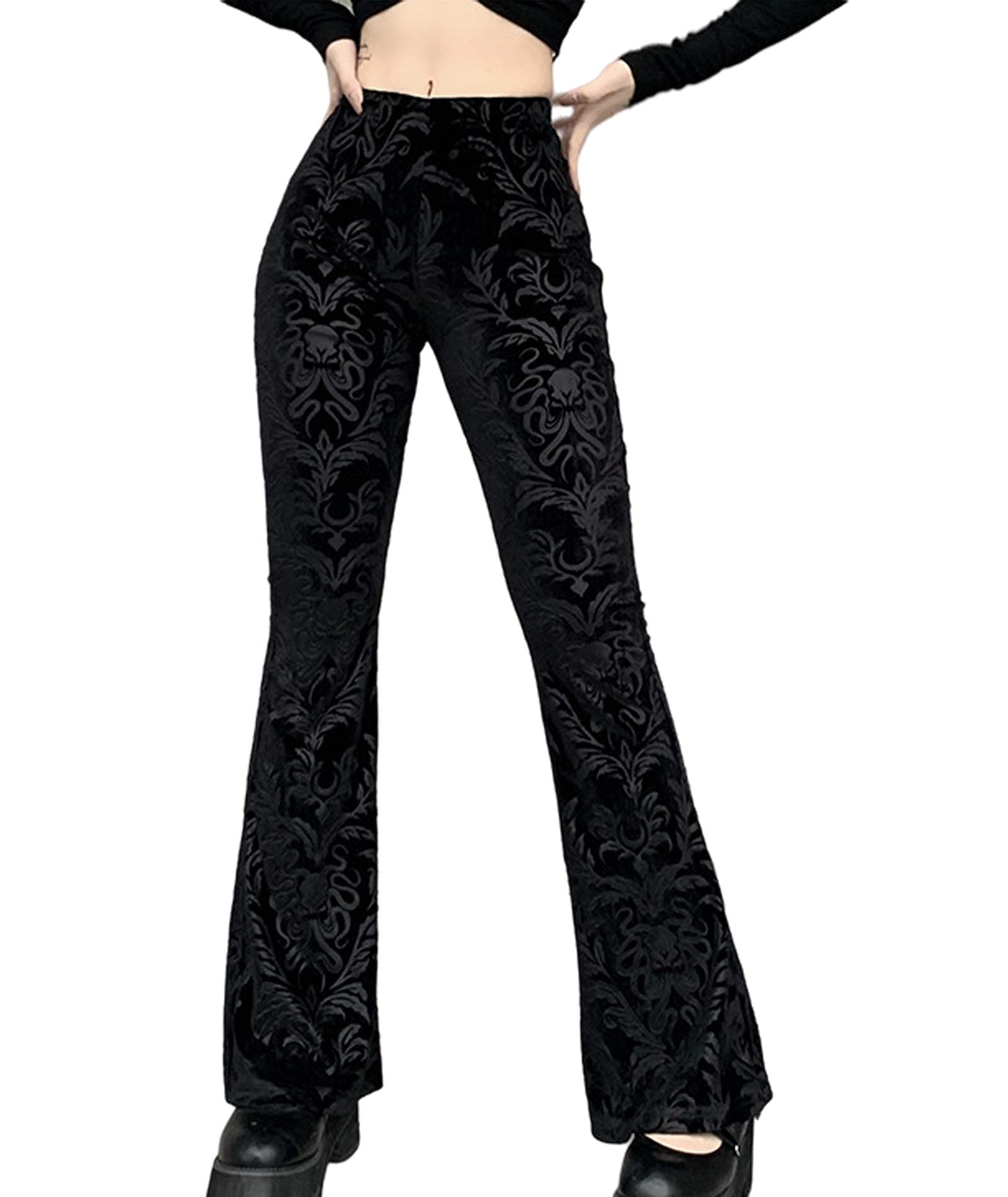 xxxiticat Women's Floral Printed Velvet Flare Pants High Waisted Casual Gothic Steampunk Bell Bottom Legging Trousers