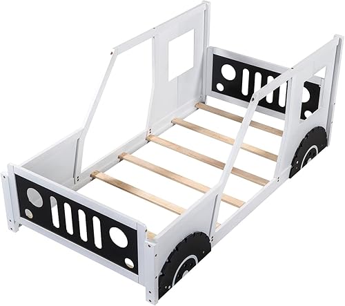 Miniatura 4 de Cama de plataforma clásica en forma de automóvil con ruedas, marco de cama de tamaño individual con ventanas para dormitorio, no necesita caja de