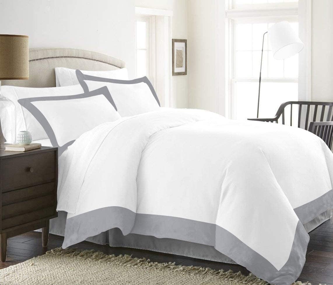 3 Piece Dual Tone Duvet Cover Set-100% Egyptian Cotton, 1000 TC, Duvet Cover with Zipper Closure & 2 Pillow Cover-Luxurious Soft & Comfy-White/Light Grey Solid, Queen Size-image-29