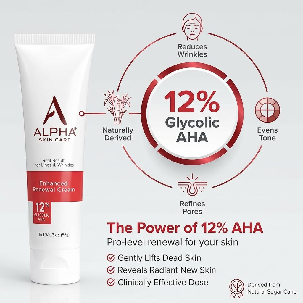 Alpha Skin Care Enhanced Renewal Cream, Anti-Aging Formula, 12% Glycolic AHA, Reduces Lines & Wrinkles, Normal to Dry Skin, 2 Oz, Pack of 1