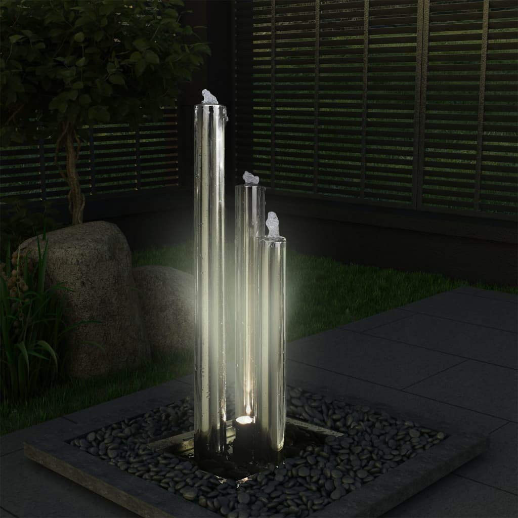 Mangloder Fontana da giardino argentata in acciaio inox, 48 x 34 x 88 cm, con illuminazione a LED, pompa e vasca da 50 l, gioco d'acqua con cascata, per giardino, terrazza, balcone, interni ed esterni