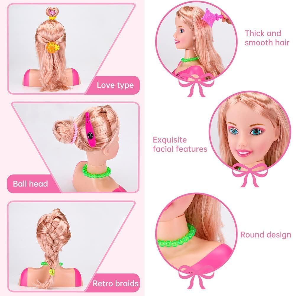 Testa per parrucchiere e trucco per bambini Pretend Playset, 34 pezzi styling testa bambola acconciatura giocattolo con asciugacapelli per bambine