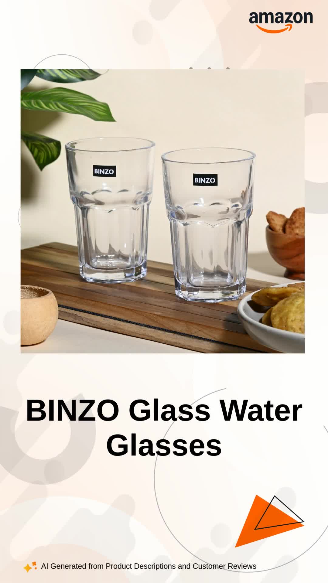 Buy BINZO Glass Water Juice Glasses Set of 6, 300 ml, Stackable