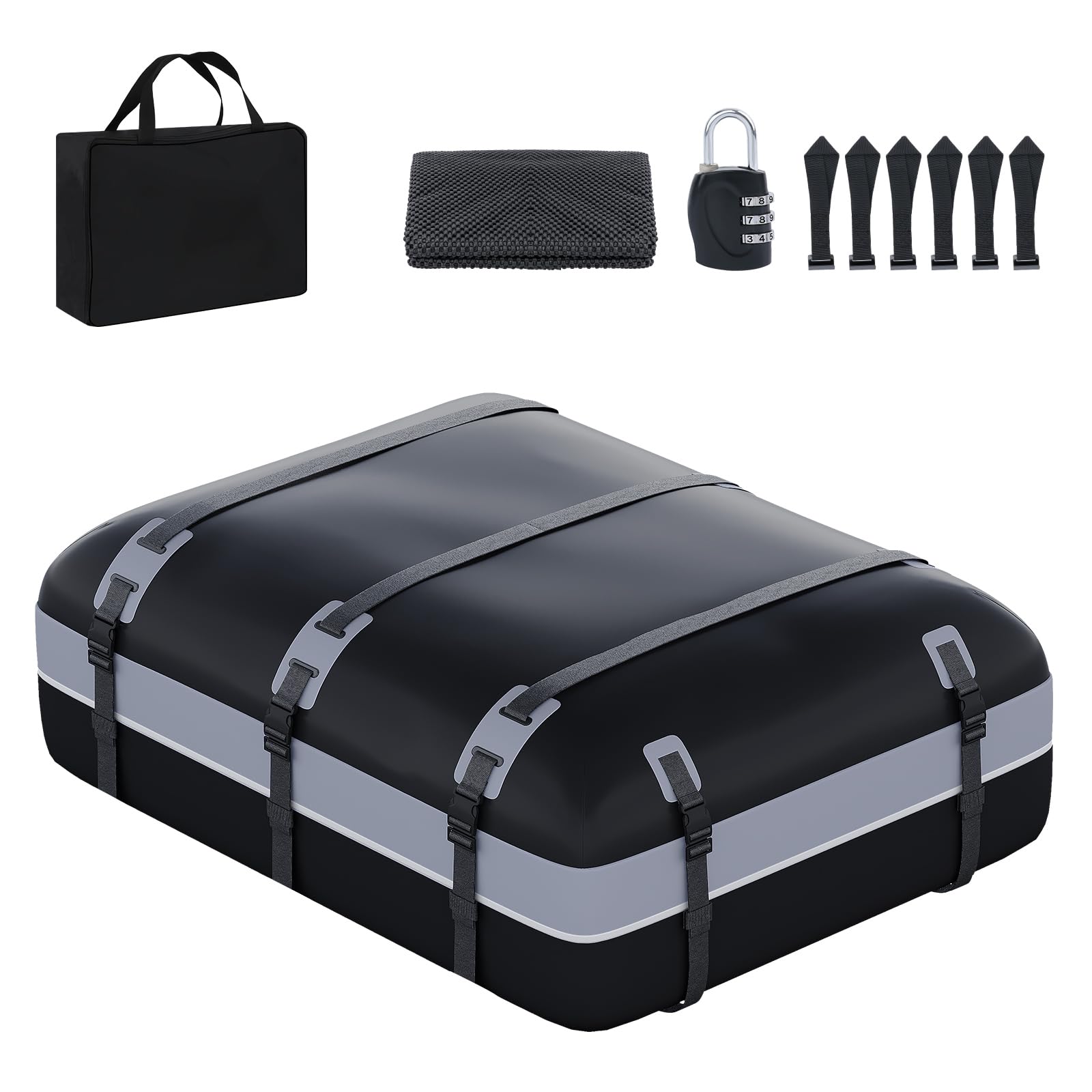 Car Rooftop Cargo Bag Carrier, Soft Roof Top Luggage Bag for All Vechicles with/Without Rack - with Waterproof Zip, Anti-Slip Mat, Luggage Lock, Storage Bag, Door Hooks, 21 Cubic Feet ?Gray-Black?