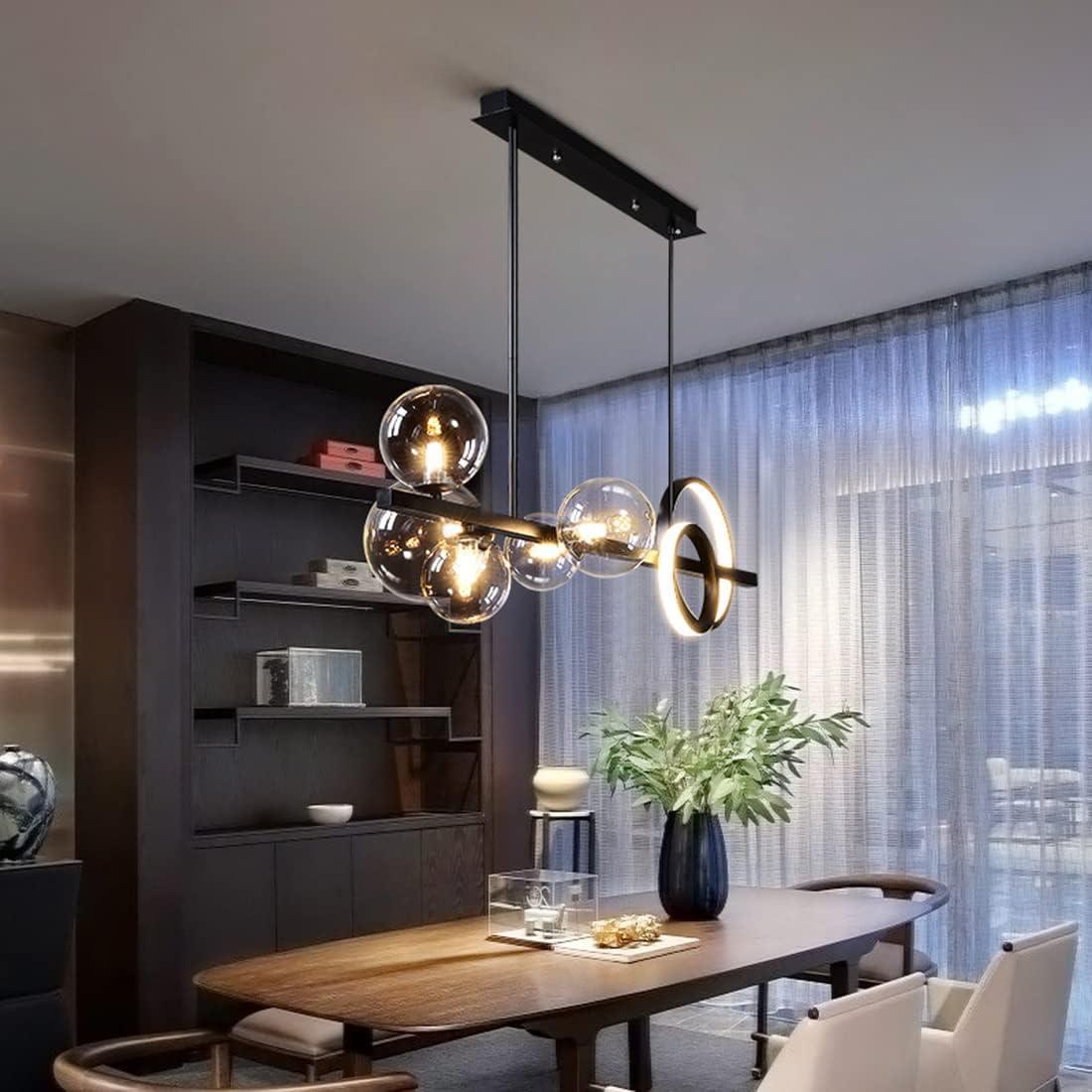 5 Lights Kitchen Chaners Lamp Black Globe Fixtures with 2-Ring LED Cool White Light, Adjustable Linear Hanging Light for Bedroom Living Room Hallway (Smoke Gray Shade) (Clear Shade)
