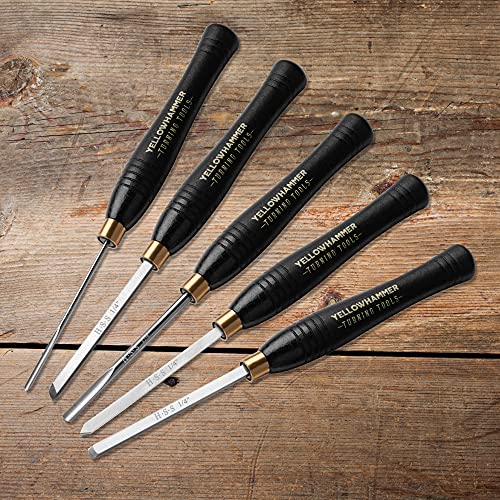 Yellowhammer Turning Tools 5 Piece Mini Lathe Chisel Set, Excellent For Pen Turning And Other Detail Work On Your Lathe, Features High Speed Steel Blades, Brass Ferrules And Beech Handles #TOP1