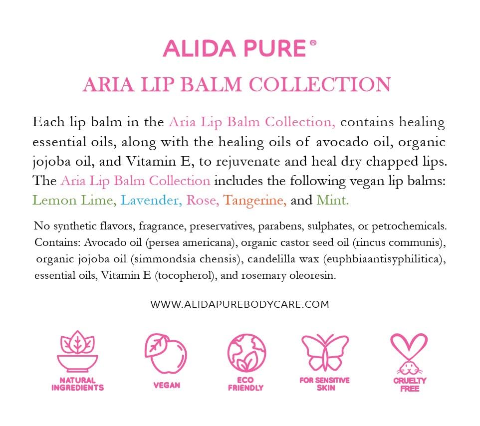 Aria Lip Balm Collection, Vegan Set, Beeswax Free, with Organic Jojoba and Avocado Oil, Vitamin E, Natural Moisturizer for Dry, Chapped Lips, 5 Tube Set - Image 7