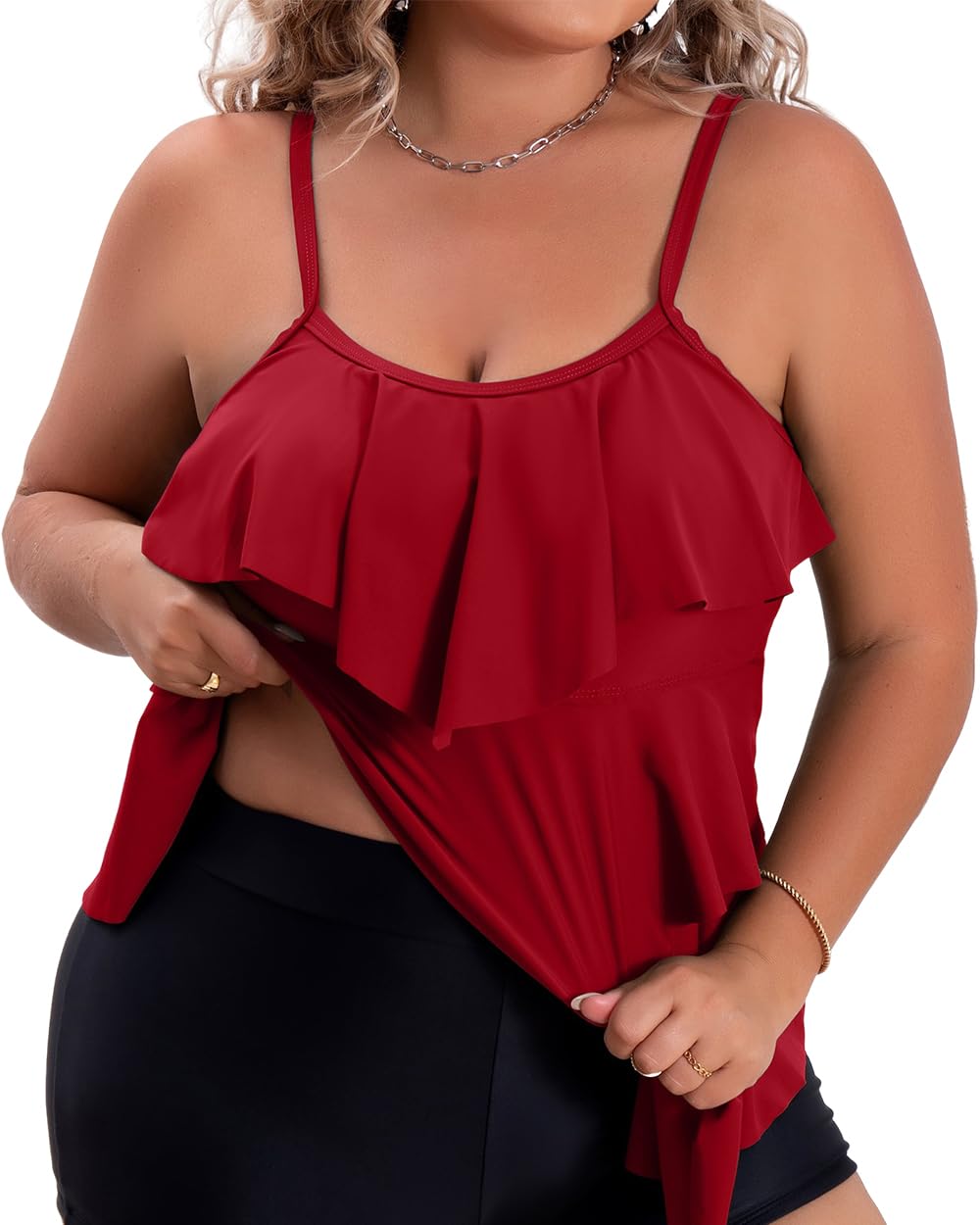 Photo 1 of B2prity Women Tankini Tops Only Ruffle Swim Tops Flowy Bathing Suit Top Tummy Control Swimsuits Tops No Bottom Small Red