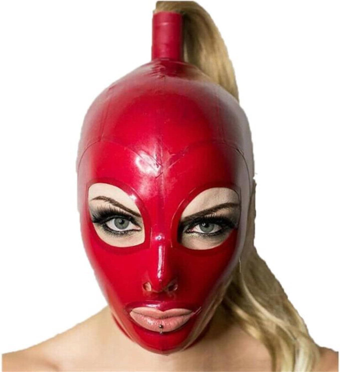 Red Latex Head Cover with a golden wig,Latex Face Hood Latex HeadMask Latex Mask for Cosplay Party Club Wear (L)