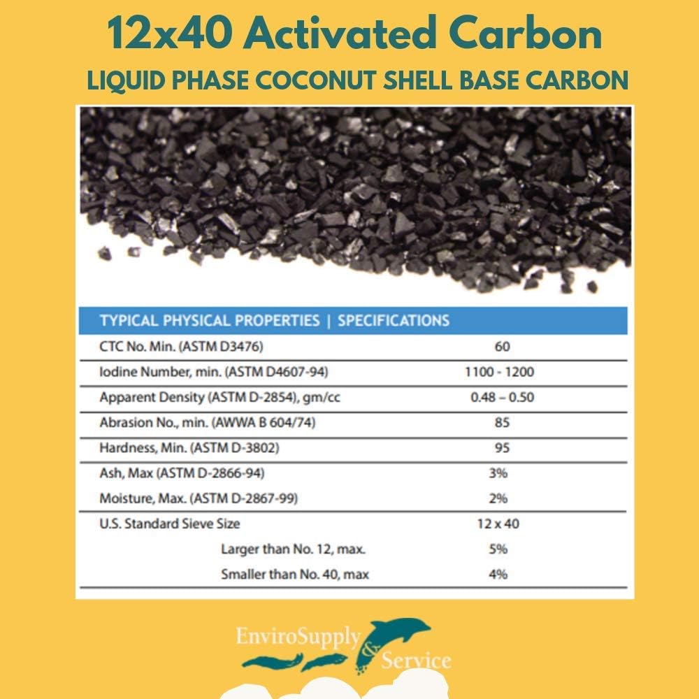 Premium 12x40 Coconut Shell Activated Carbon (Water Filtration, Aquarium Cleaning Charcoal) - Bulk 55 Pound Bag (2 ft³)