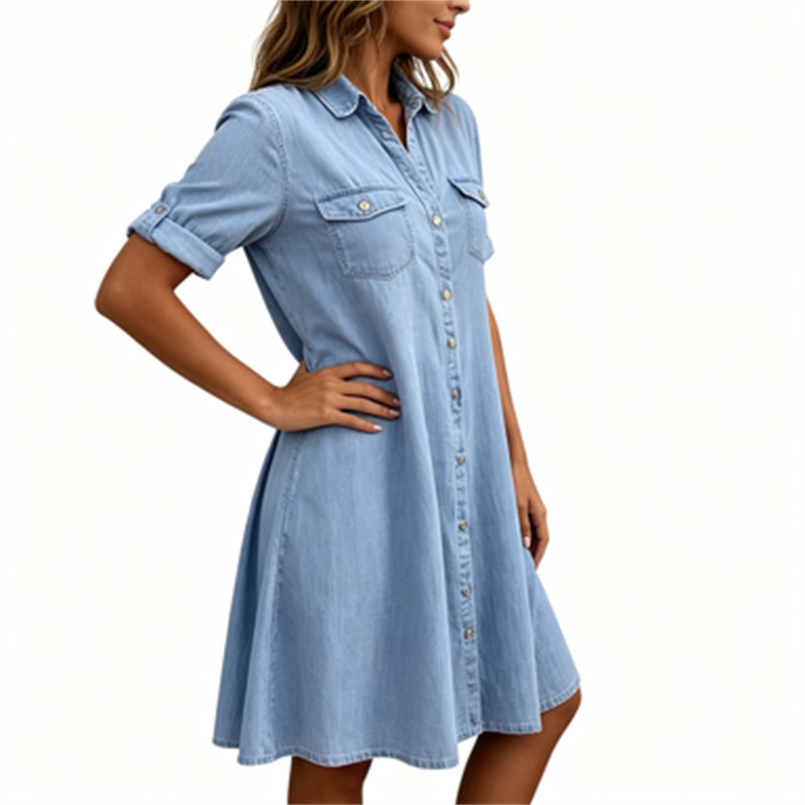 Generisch Sommerliches Jeanskleid mit kurzen Ärmeln, Business-Casual, Midi-Länge, Knopfleiste, Babydoll-Schnitt und Taschen