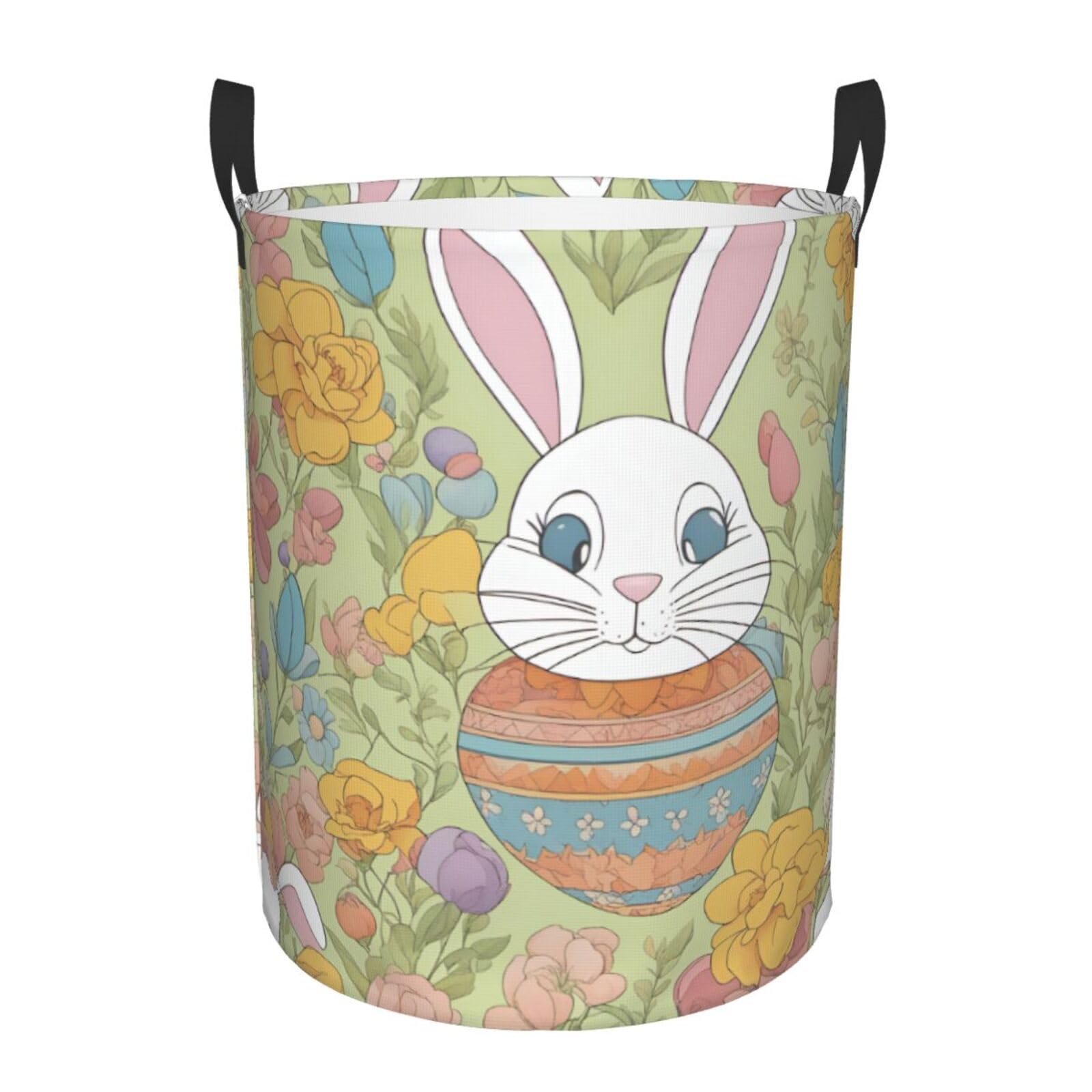 M Collapsible Laundry Hamper Round Easter Bunny Floral Print Storage