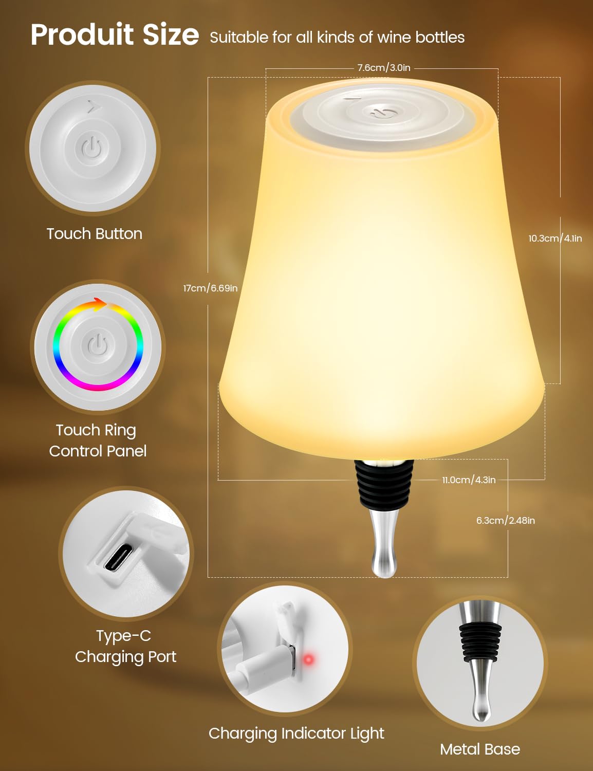 LED Akku Flaschenlampe, Touch Kabellose Tischleuchte mit 7 Modi Stufenlos