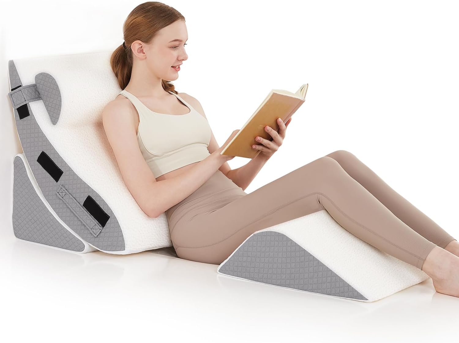 Orthopedic Bed Wedge Pillow Set for Sleeping 4 PCS - Adjustable Triangle Pillow for Neck Leg Support with Washable Cover - 35D Foam Wedge Pillow Post Surgery for GERD & Snoring (White Grey) White Grey 4 pcs