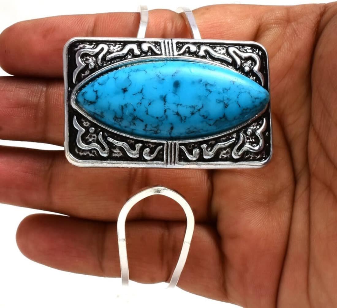 Blue Turquoise Cabochon Marquis Gemstone Handmade Oxidized Engraved Antique Cuff Bangle Bracelet