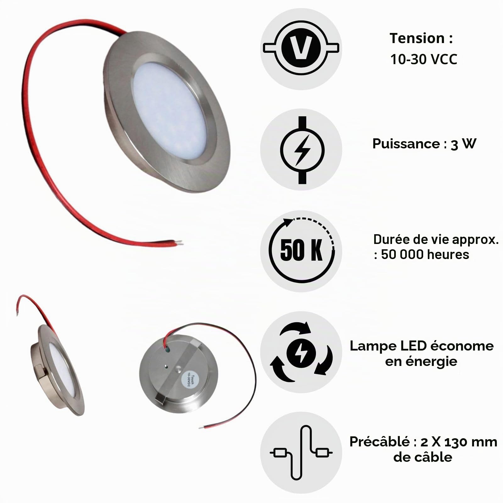 MARVIX Lot de 4 spots LED 12 V 24 V avec interrupteur tactile à intensité variable pour caravane, camping-car, bateau, éclairage blanc chaud