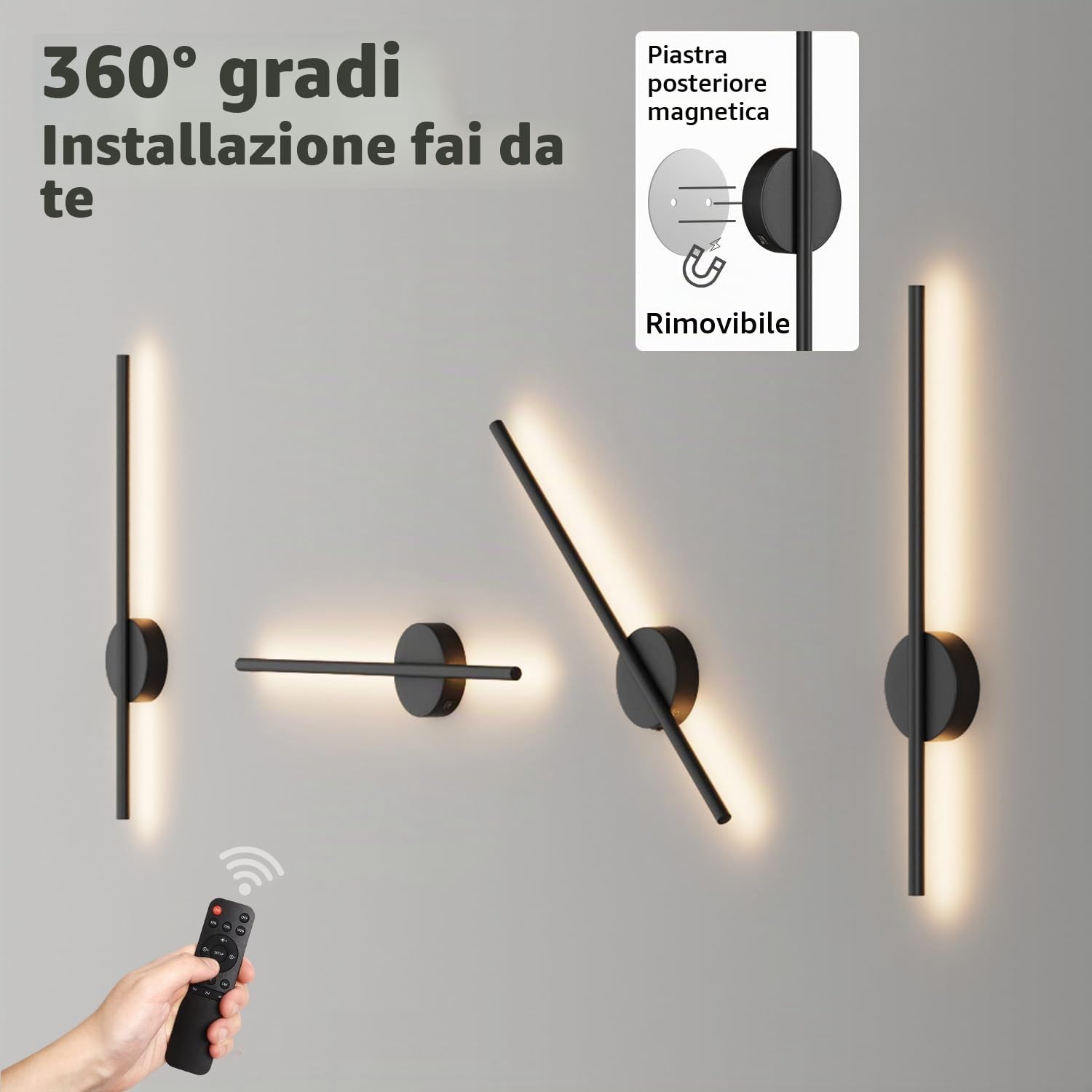 Aipsun 2pcs lampada da parete ricaricabile con telecomando per interni, 10000mAh - 60CM Nero 5W 360°lampada da soggiorno ruotabile con Temporizzazione e regolazione, 3000K-6000K, per camera da letto